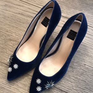 Navy Blue Velvet heels with rhinestone accents